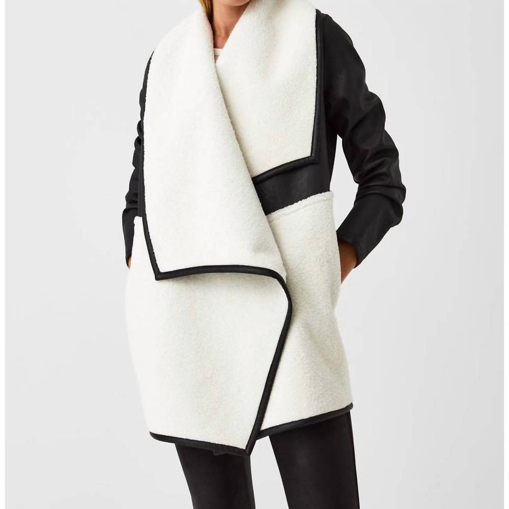 NEW SPANX fleece & faux leather long wrap jacket in very rare black/snow.